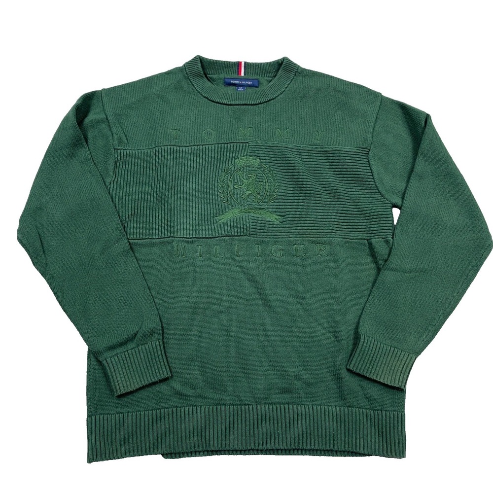 Tommy Hilfiger Sweater Men Small Green Heavy Knit Crewneck Grandpa Crest Golf